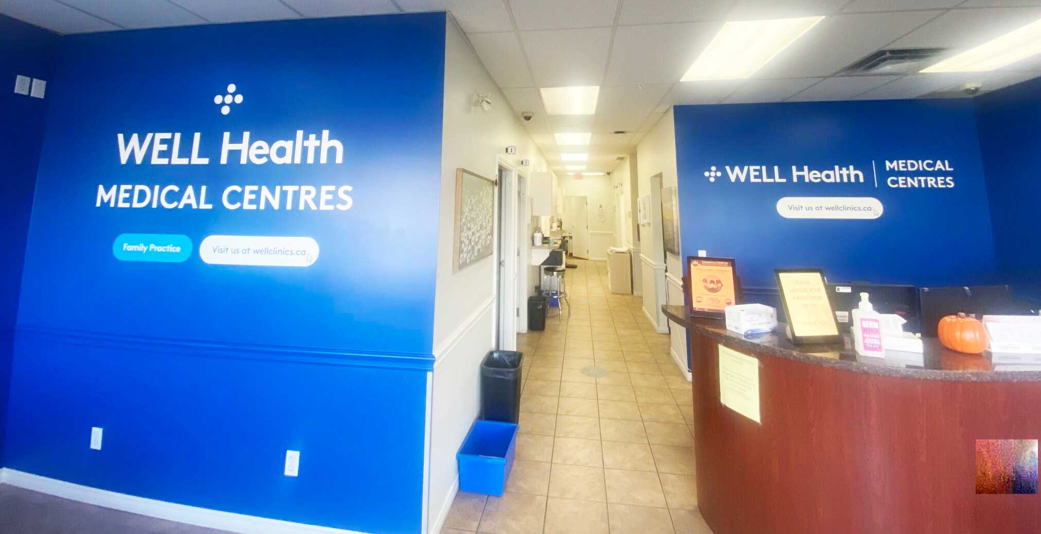 Photograph of the reception area at WELL Health Cambie medical centre in Richmond, BC.